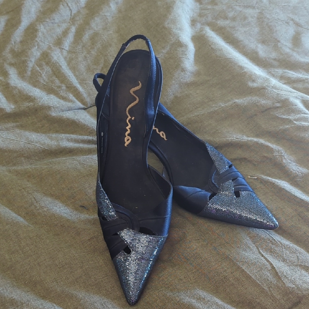Nina Women's Black and Silver Pointed Heels